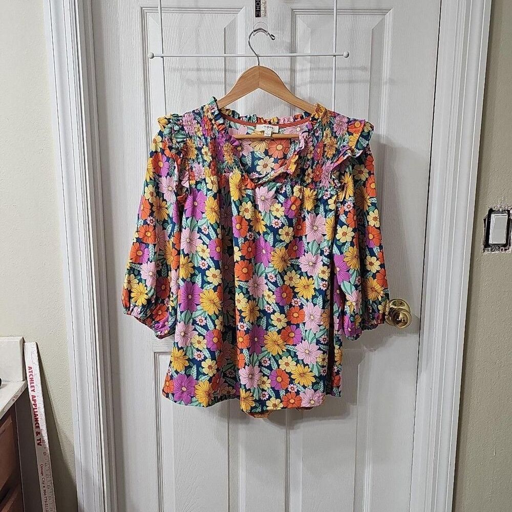 Umgee Retro Floral Smocked Ruffle Shoulder Blouse Size L